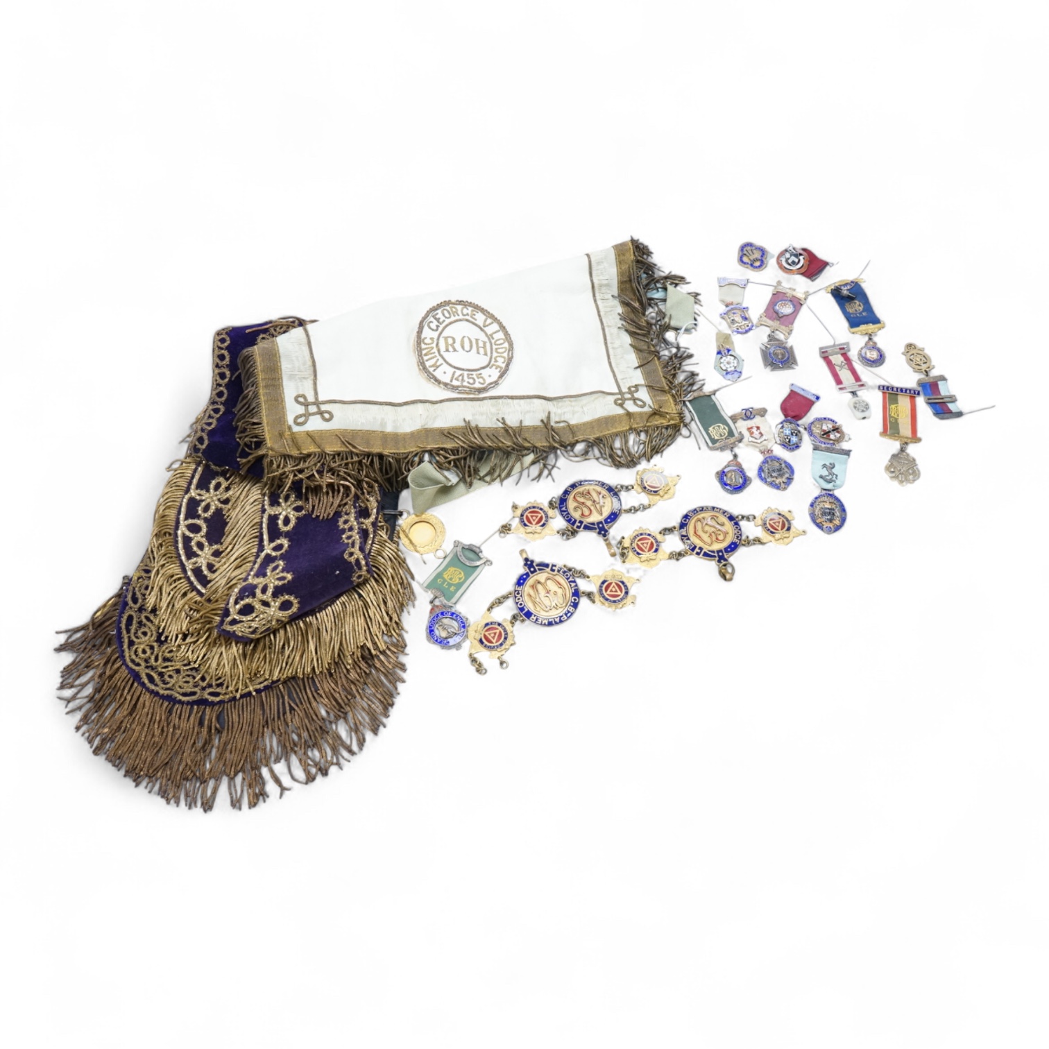 A group of Masonic medals, ‘jewels’ many enamelled and sashes, together with an early 19th century certificate